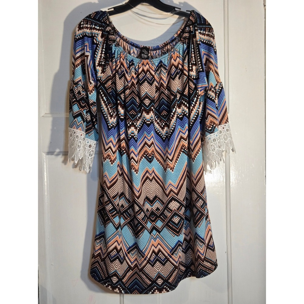 WinWin Blue Orange Chevron Geometric Lace Trim Off Shoulder Tunic Top L XL